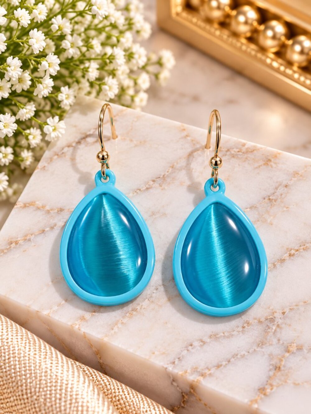 Blue Teardrop Cat Eye Dangle Earrings Gold Tone Hooks - Women's Fashion Jewelry